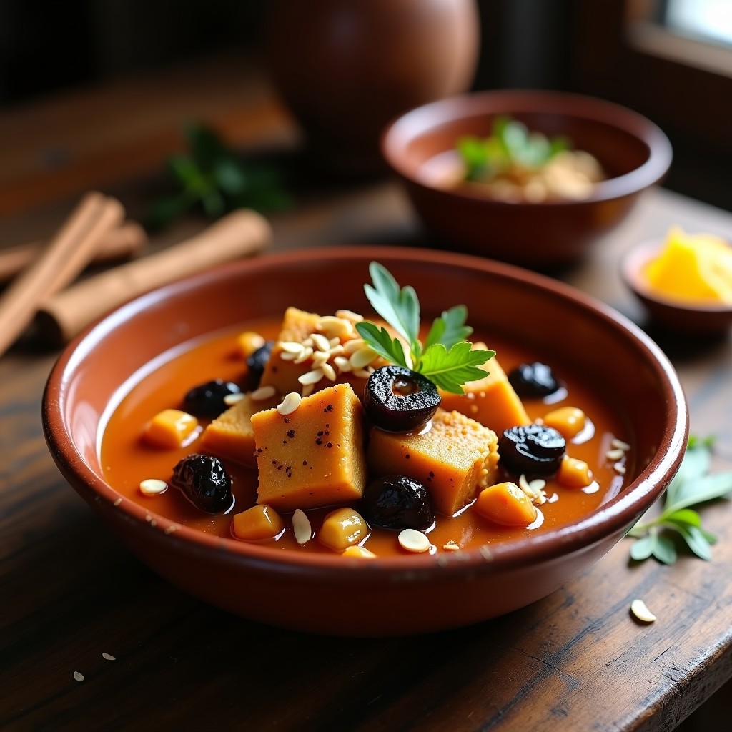 Estofado vegano marroquí de seitán en trozos dorados, ciruelas pasas oscuras y especias, servido en un plato hondo de barro con almendras tostadas espolvoreadas. Fondo rústico con una rama de canela y limón confitado como decoración.