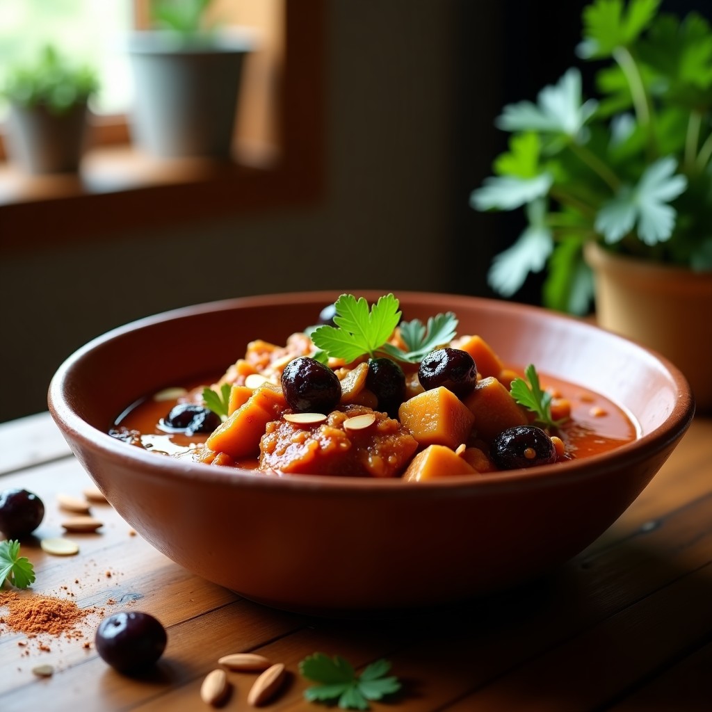 Estofado marroquí de seitan en trozos dorados y ciruelas pasas negruzcas, bañados en una salsa espesa y especiada con Ras el Hanout. Servido en un cuenco de barro rústico, decorado con almendras tostadas y cilantro fresco. Fondo oscuro con textura de madera.