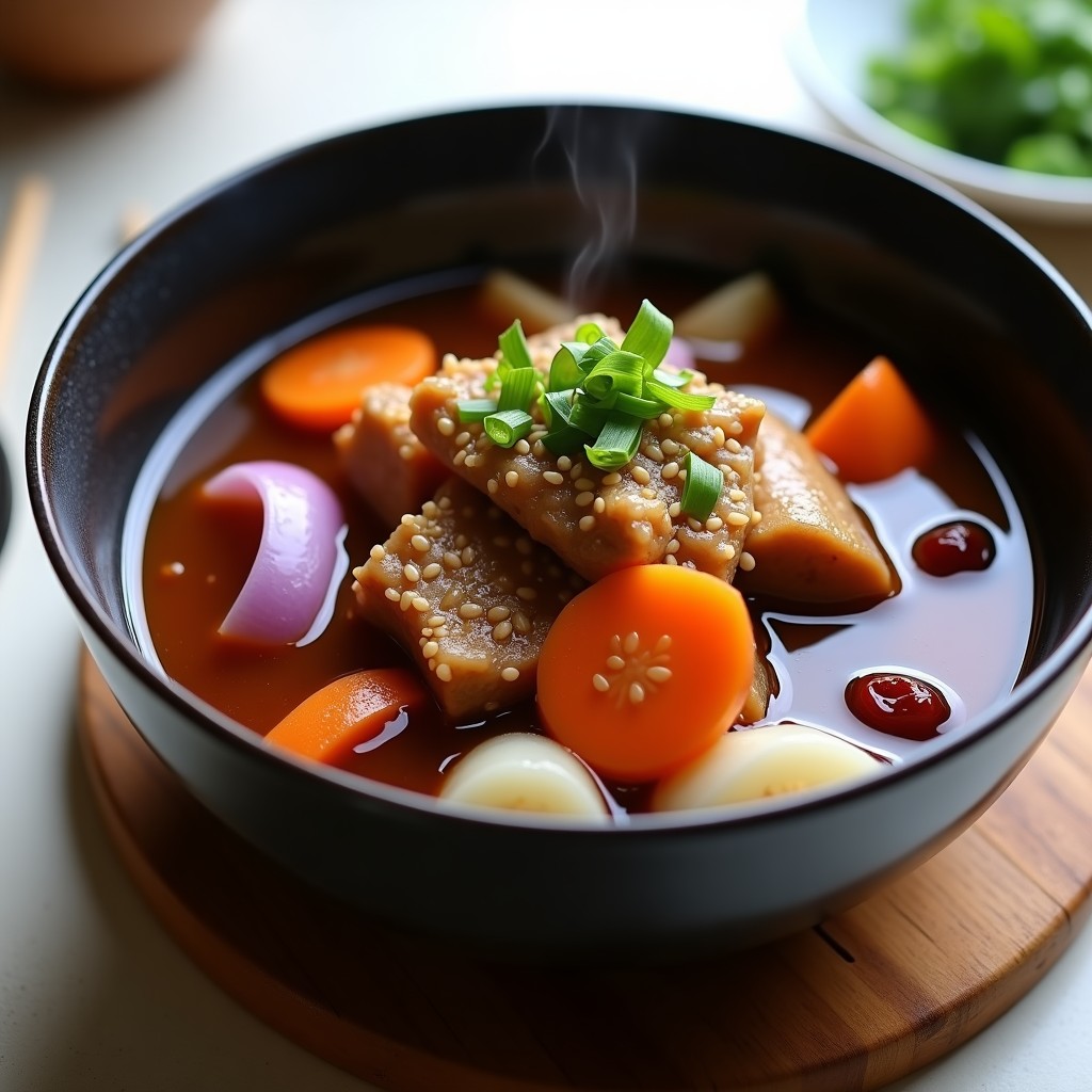 Estofado japonés vegano en olla lenta con trozos de seitán dorado, ciruelas umeboshi, zanahorias y cebolla morada, decorado con semillas de sésamo negro y hojas de shiso sobre un plato de cerámica blanca.