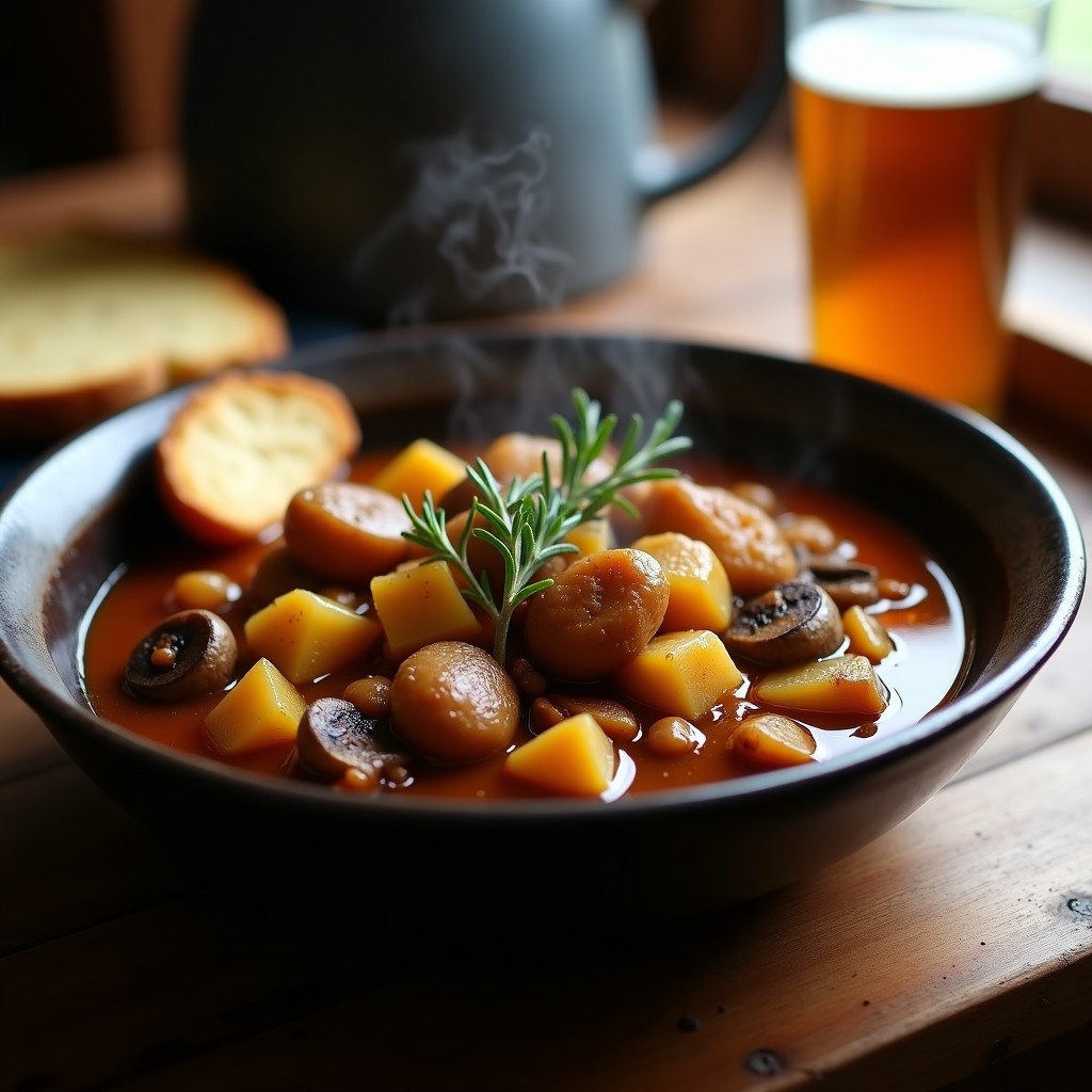 Estofado vegano de seitan y patatas en salsa de cerveza negra, servido en un bol de barro con bordes dorados, rodeado de patatas enteras y trozos de seitán bañados en una salsa oscura y brillante. Hierbas frescas y una rodaja de pan de soda al lado.