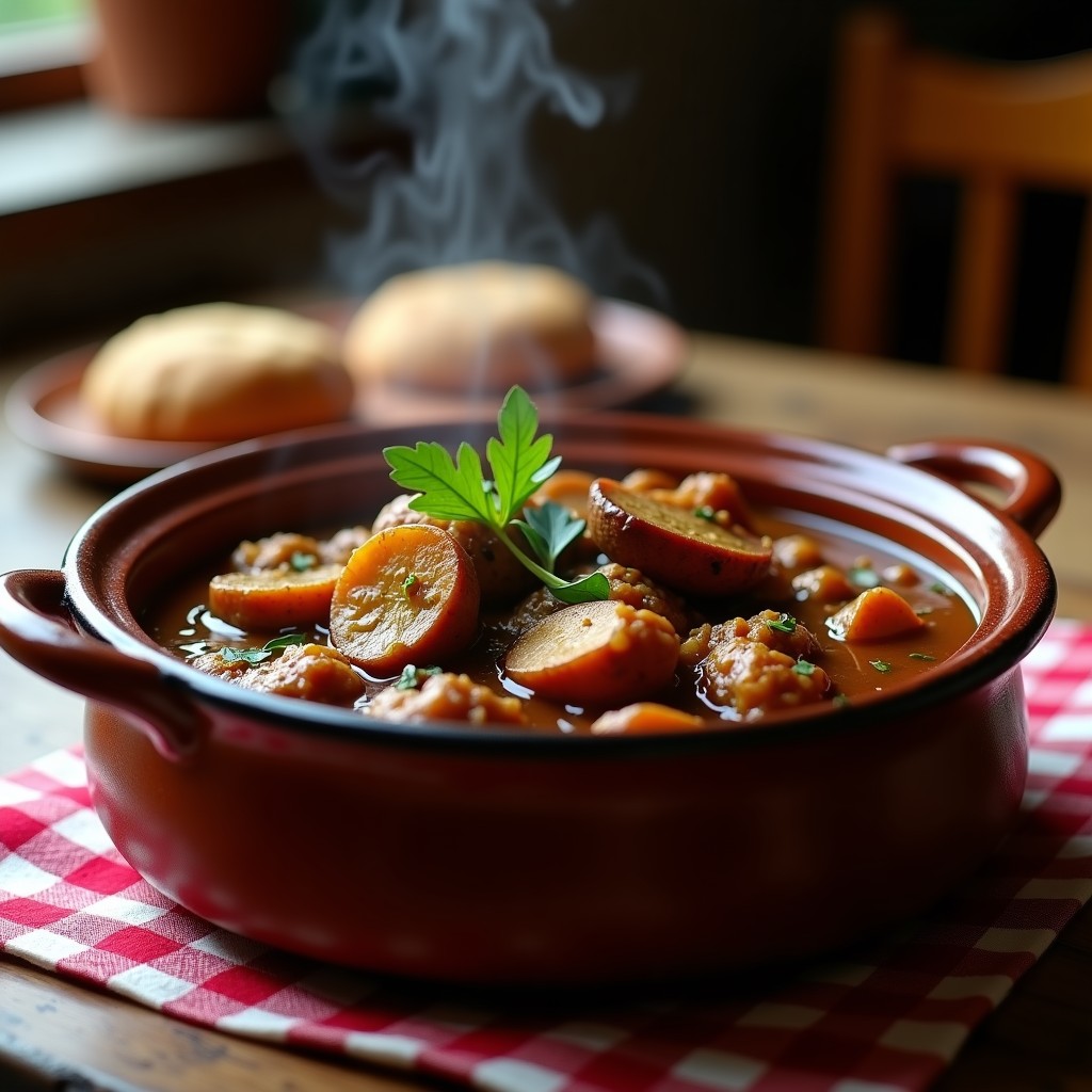 Estofado espeso de seitán dorado y champiñones portobello en salsa oscura, servido en plato hondo de barro con aceitunas verdes. Receta argentina vegana en olla exprés.