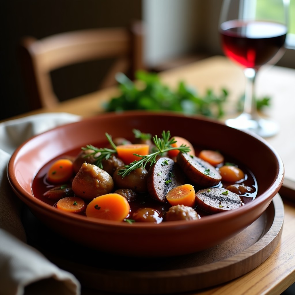 Estofado espeso de seitán en trozos dorados y setas portobello en láminas gruesas, bañados en una salsa oscura de vino tinto, servido en un plato hondo de barro con una rama de romero fresco como decoración. Receta española de olla lenta sin gluten.