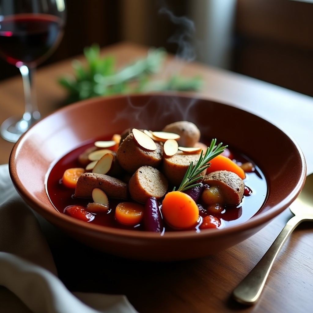 Estofado de seitán al vino tinto con champiñones portobello y hierbas provenzales servido en un plato hondo de barro, con salsa espesa y almendras tostadas como topping, acompañado de una copa de vino tinto y hierbas frescas al lado.