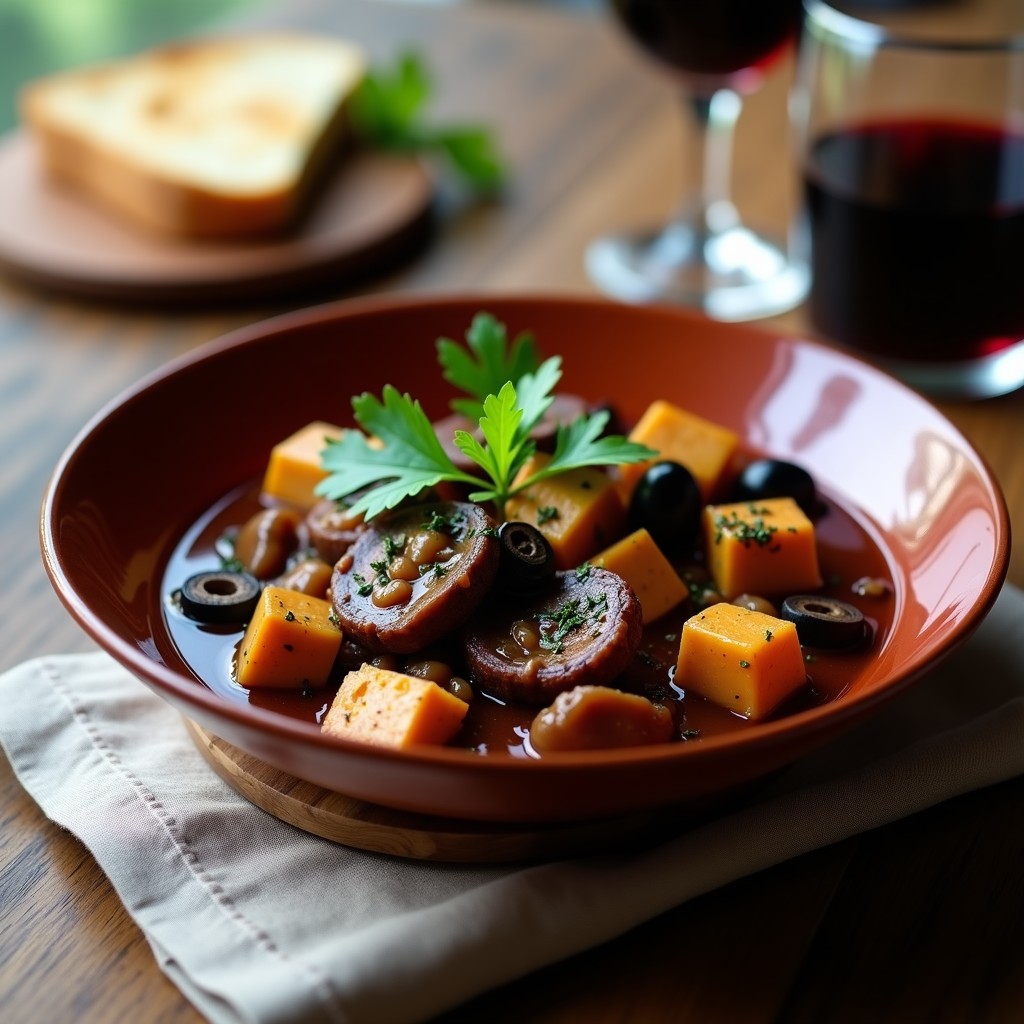 Estofado vegano gourmet de setas portobello y tofu ahumado en salsa de vino tinto, servido en un bol de barro oscuro con hierbas frescas y aceite de oliva.