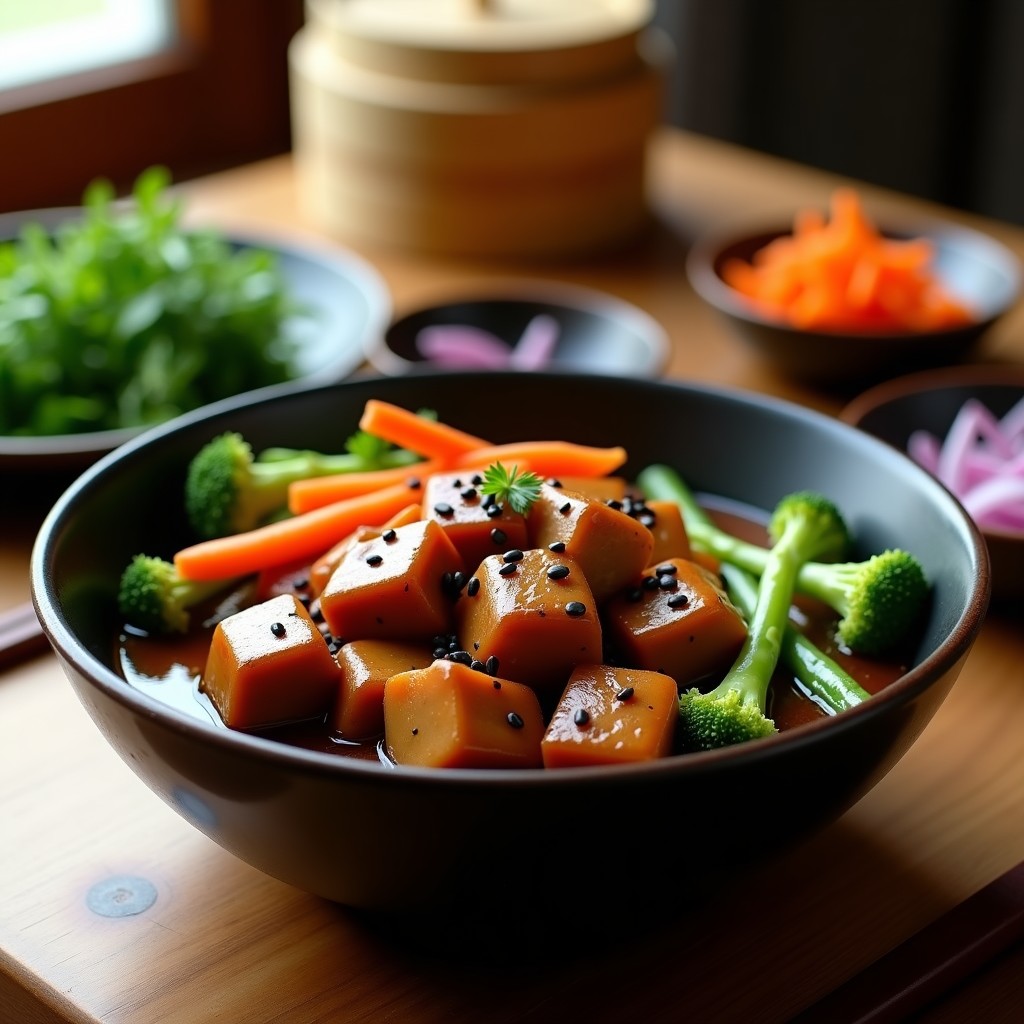 Bol hondo oscuro con estofado de teriyaki de seitan en salsa espesa y brillante, acompañado de brócoli, zanahorias y espárragos al vapor. Decorado con semillas de sésamo negro y cebolla morada. Receta japonesa en olla exprés baja en calorías.