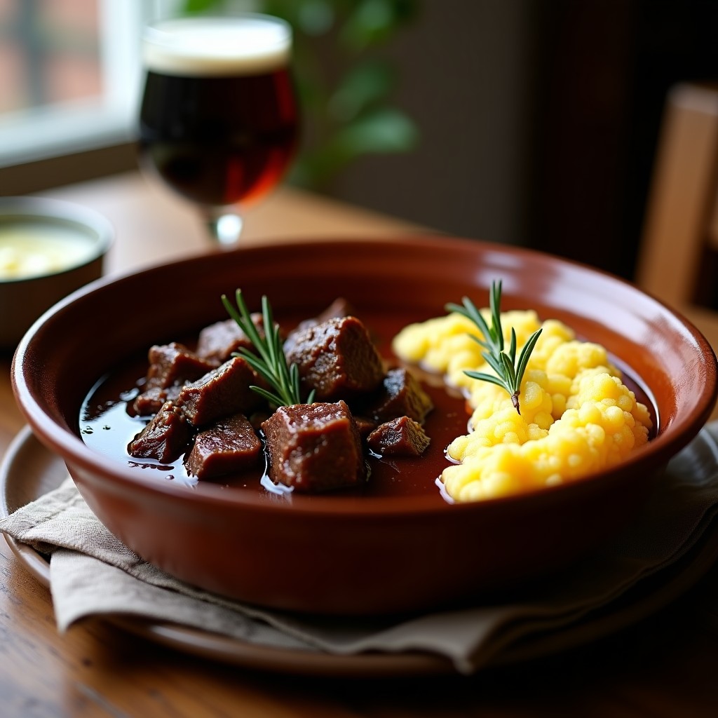 Plato hondo de barro con estofado de ternera y cerveza negra, trozos de carne dorada bañados en salsa oscura y espesa, acompañado de puré de coliflor keto cremoso y brillante, decorado con una rama de romero fresco y un hilo de aceite de oliva.