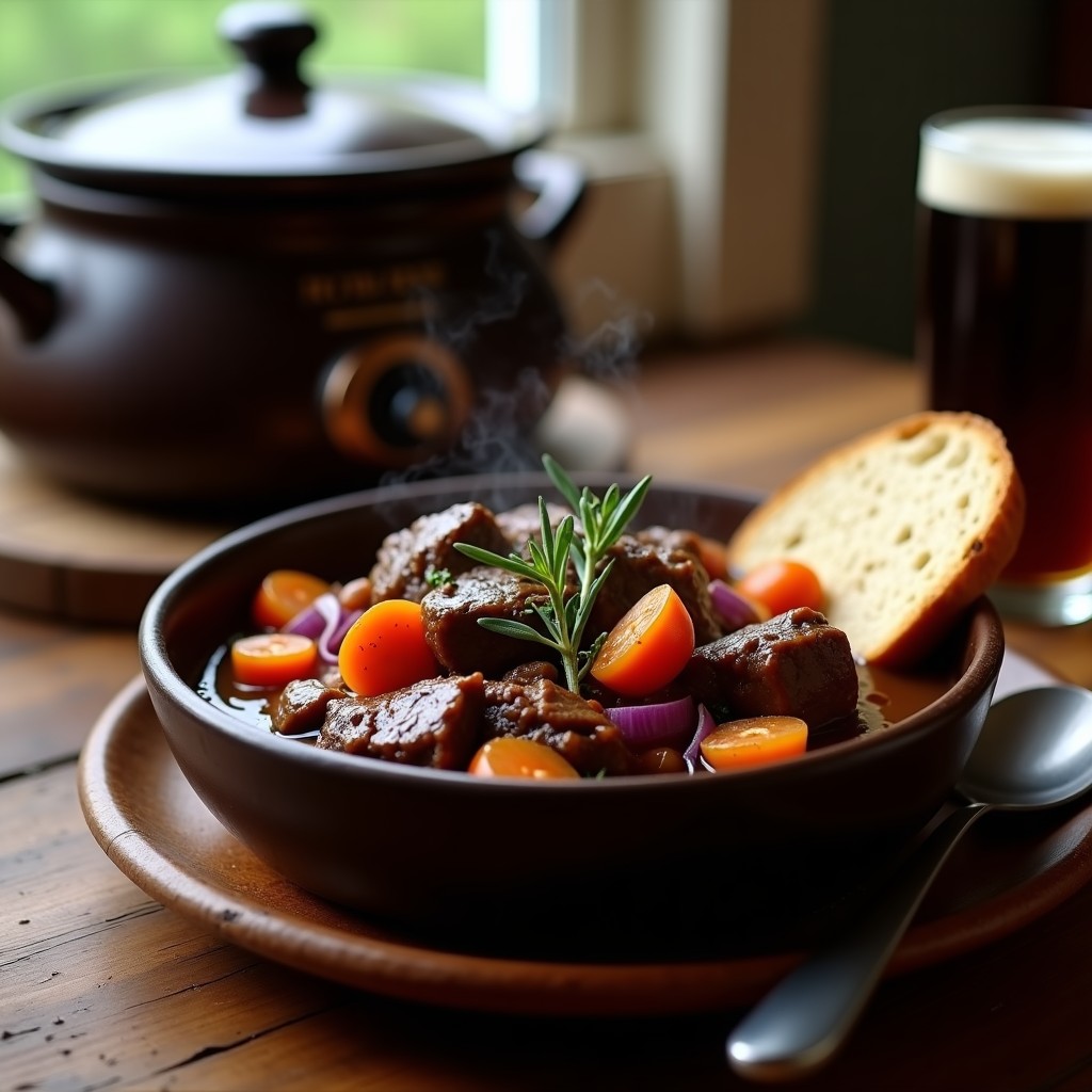 Estofado irlandés de ternera y cerveza negra servido en un cuenco de barro oscuro, con trozos de carne tierna, zanahorias y cebolla en una salsa espesa y brillante, acompañado de una cucharada de puré de patatas y una rebanada de pan rústico.