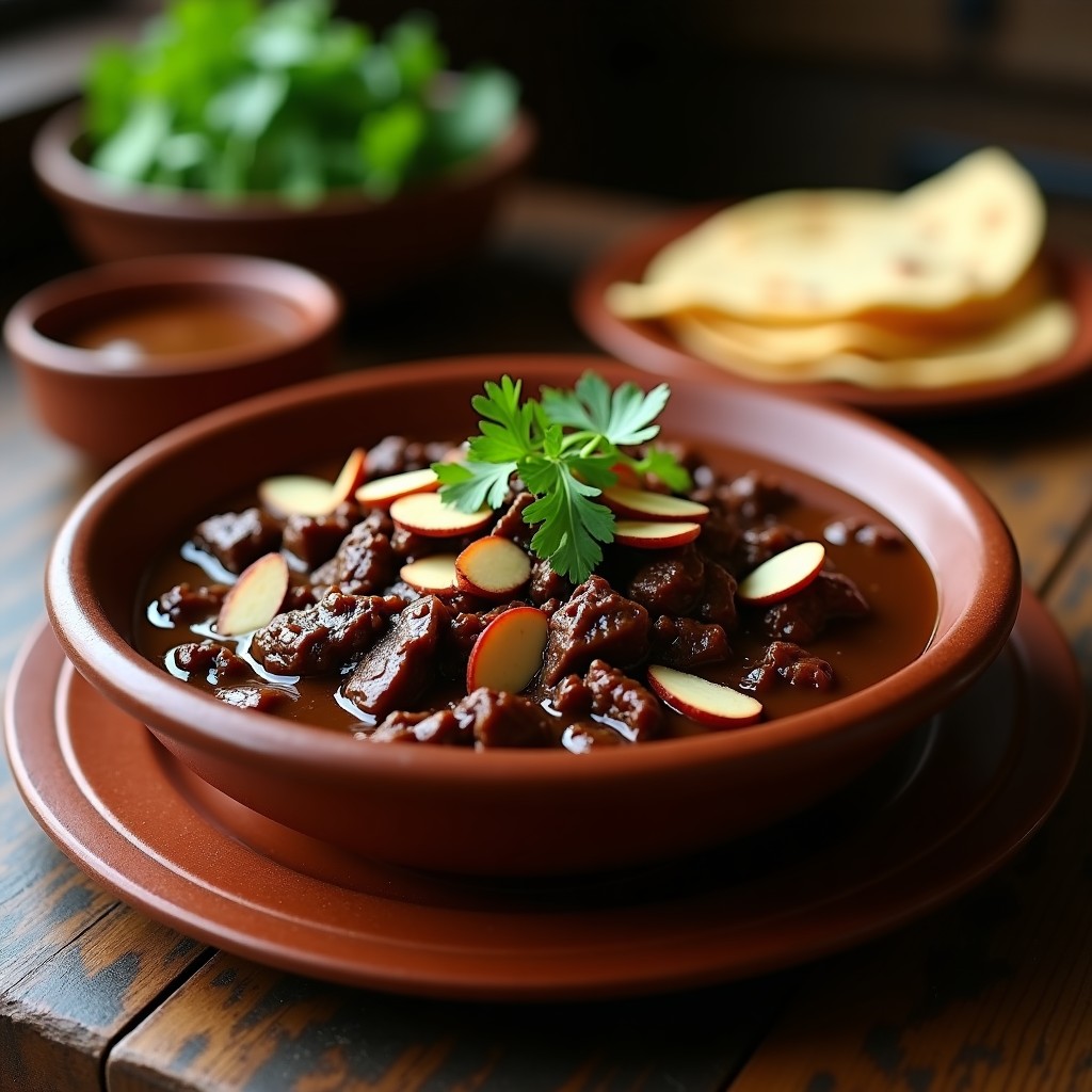 Estofado mexicano de ternera en olla lenta con salsa oscura y brillante, trozos de carne jugosa, especias visibles y almendras tostadas espolvoreadas. Servido en plato de barro con tortillas de maíz azules al lado.