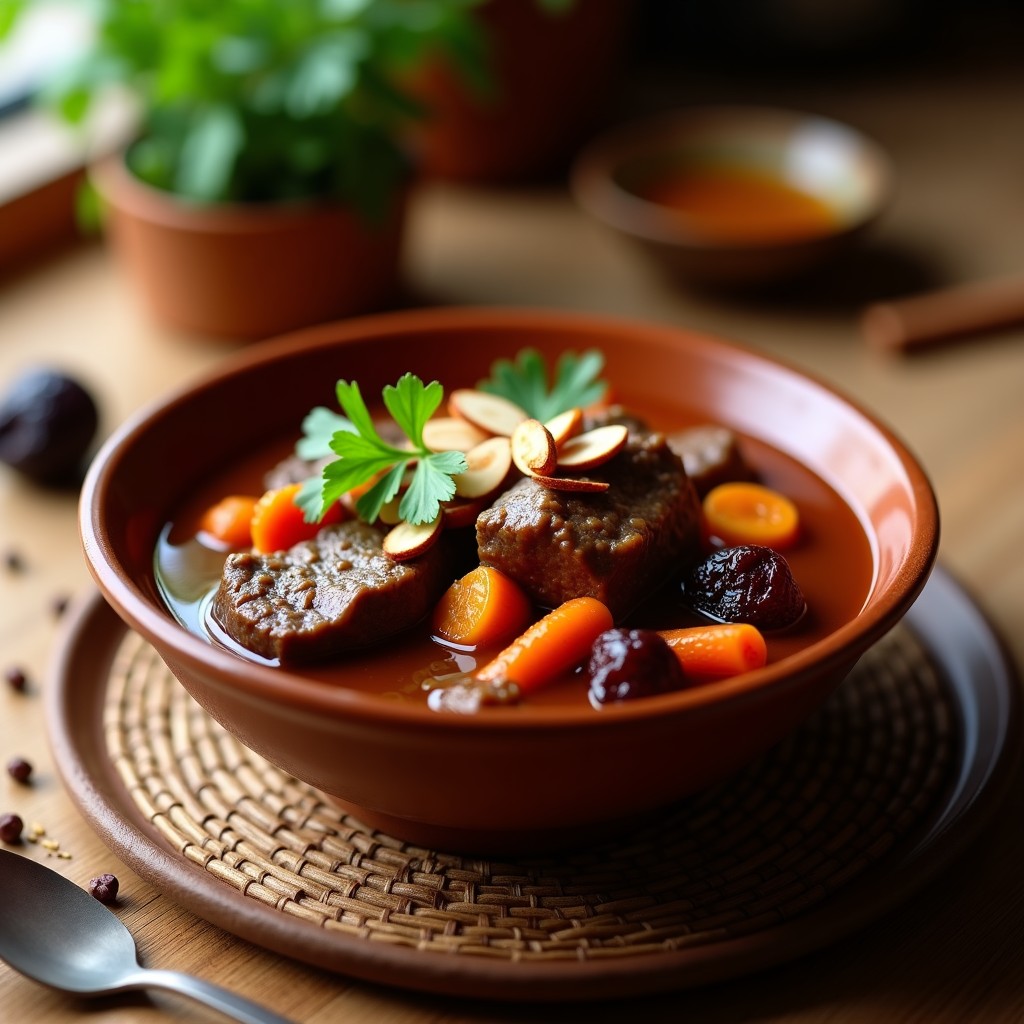 Estofado marroquí de ternera en olla lenta con ciruelas pasas, canela en rama y zanahorias, servido en un plato hondo de barro con almendras fileteadas y cilantro fresco.