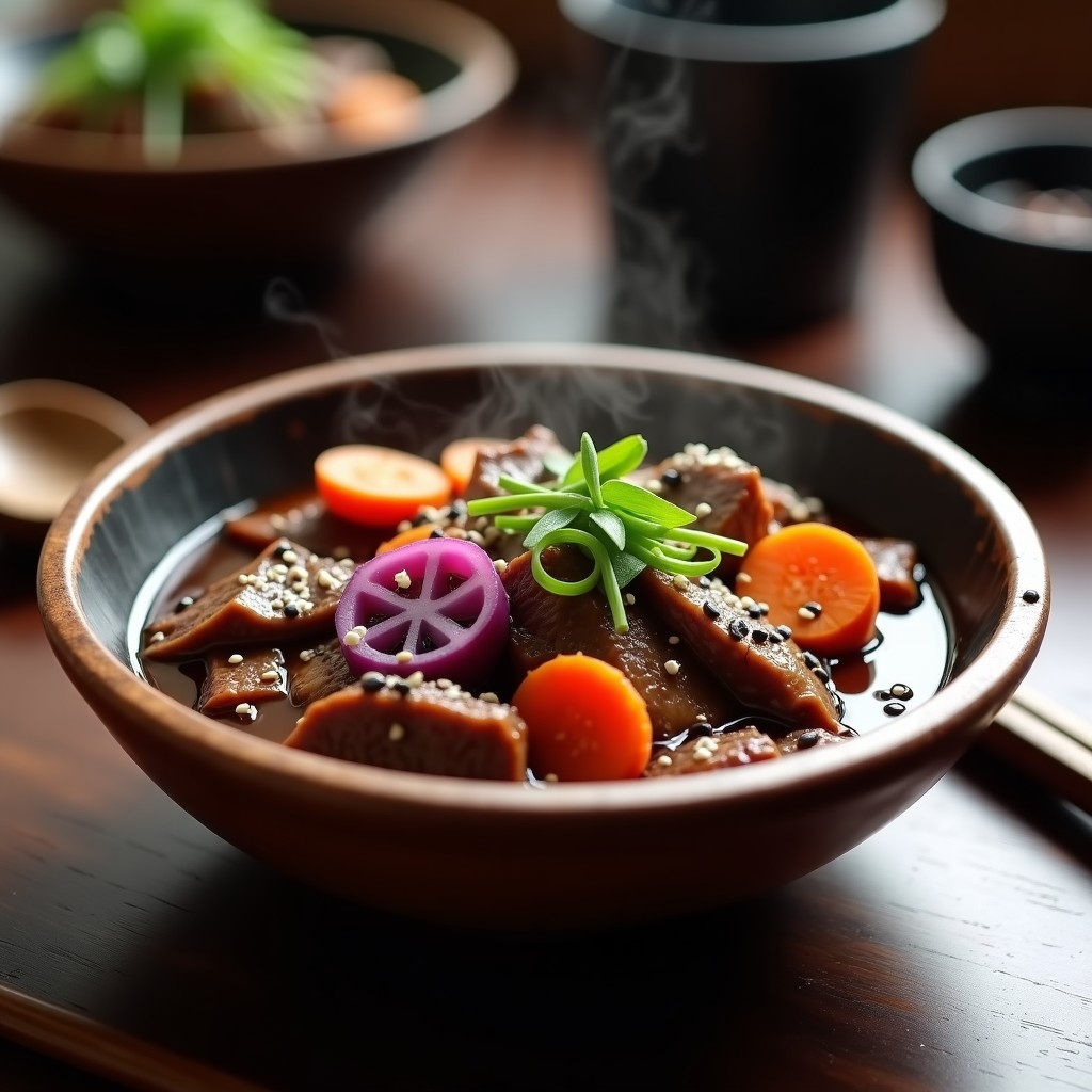 Cuenco hondo de cerámica negra con estofado de ternera en salsa espesa y brillante, trozos de zanahoria naranja, cebolla morada y ciruelas umeboshi rojas, espolvoreado con semillas de sésamo blanco y cebollino verde, acompañado de arroz japonés al vapor. Receta japonesa de estofado de ternera con ciruelas umeboshi y jengibre en olla exprés.