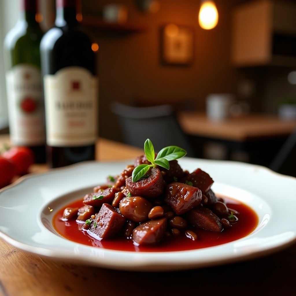 Plato hondo de barro con estofado de ternera al vino tinto, trozos de carne dorada bañados en salsa oscura y espesa, acompañados de zanahorias y cebolla. Receta en olla lenta.