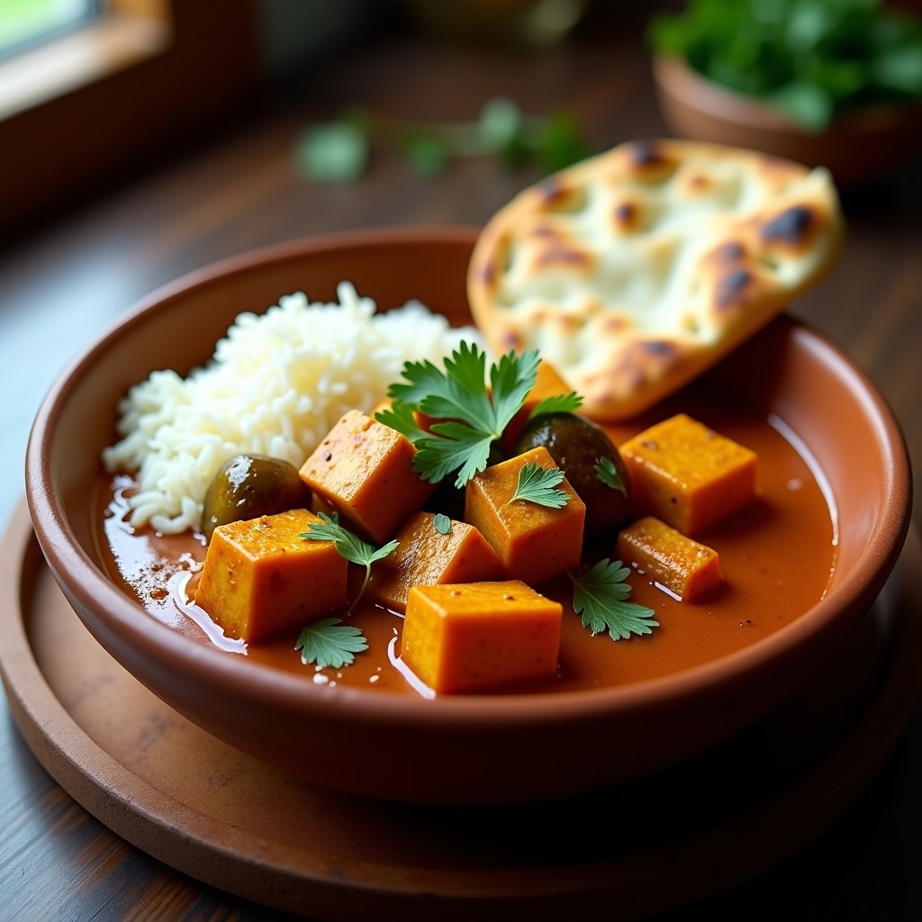 Estofado indio vegano de tofu y berenjena en salsa de tamarindo, servido en un bol de barro con cilantro fresco, acompañado de arroz basmati y pan naan. Plato colorido con tonos dorados y verdes, ideal para cocina saludable y picante.