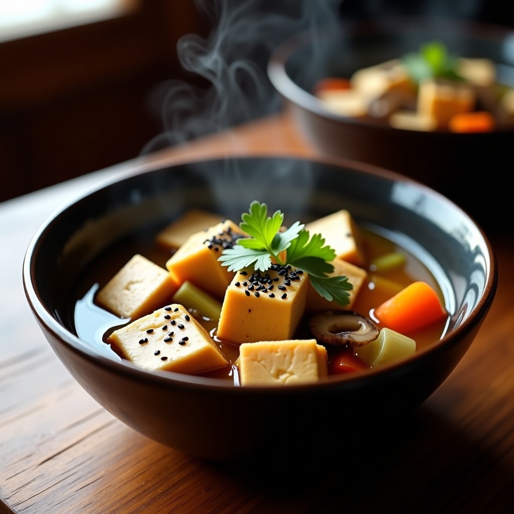 Estofado de tofu dorado y hongos reishi en un cuenco de cerámica oscura, con caldo espeso y aromático, decorado con semillas de sésamo negro, pimienta de Sichuan y hojas de cilantro fresco. Receta china medicinal en olla lenta.
