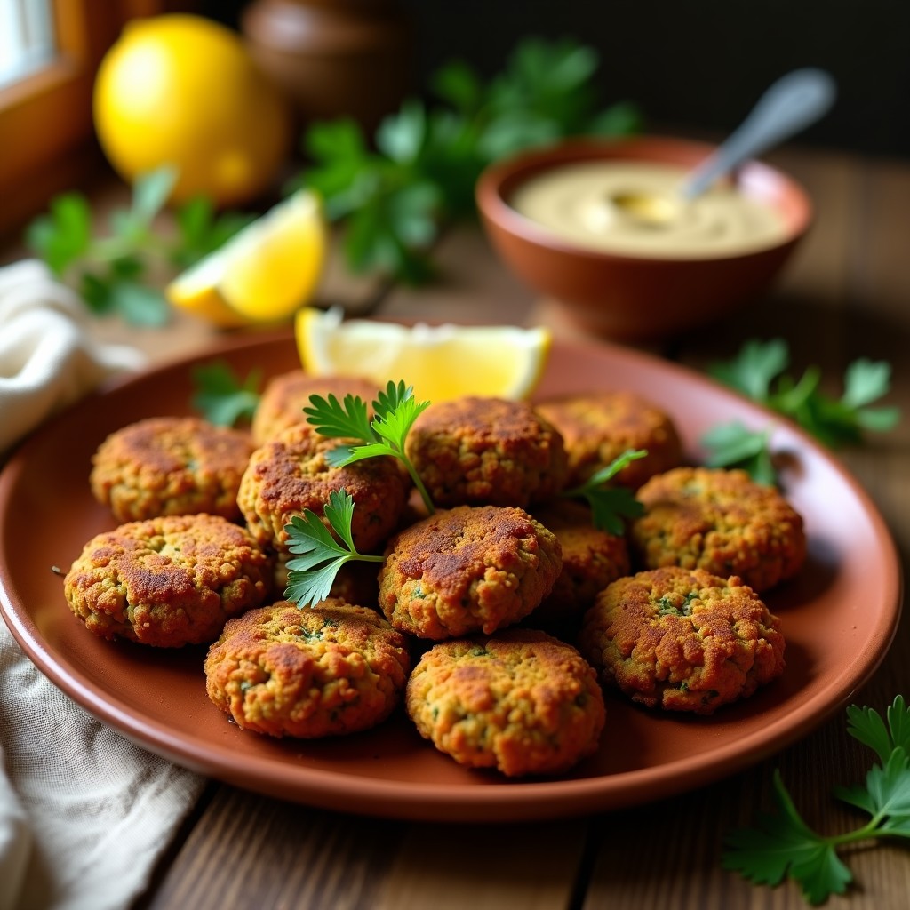 Falafeles dorados y crujientes con especias zaatar en un plato rústico de barro, acompañados de salsa de tahini y rodajas de limón, receta en airfryer.