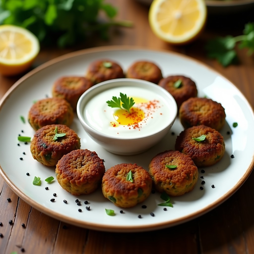 Plato blanco rústico con falafel de garbanzos negros y cilantro dorados al horno, acompañados de un bol de salsa de yogur de soja cremosa y decorados con hojas de cilantro fresco. Receta en Thermomix crujiente y sin fritura.