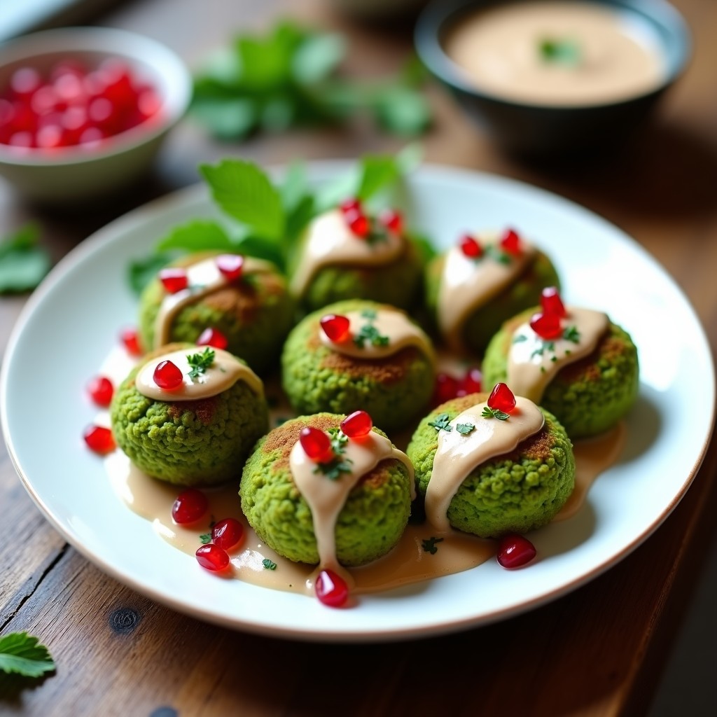Plato blanco con falafel de garbanzos verdes crudivegano, bañados en salsa cremosa de tahini y granada, decorados con semillas rojas de granada y perejil fresco. Aperitivo libanés fresco y colorido.