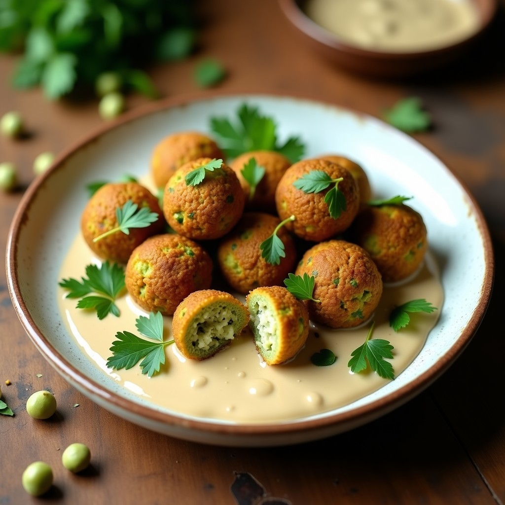 Plato de falafel dorados de garbanzos verdes con salsa de tahini de limón negro iraní, decorados con perejil fresco y rodajas de limón, servidos en un bol de cerámica blanca con fondo rústico.