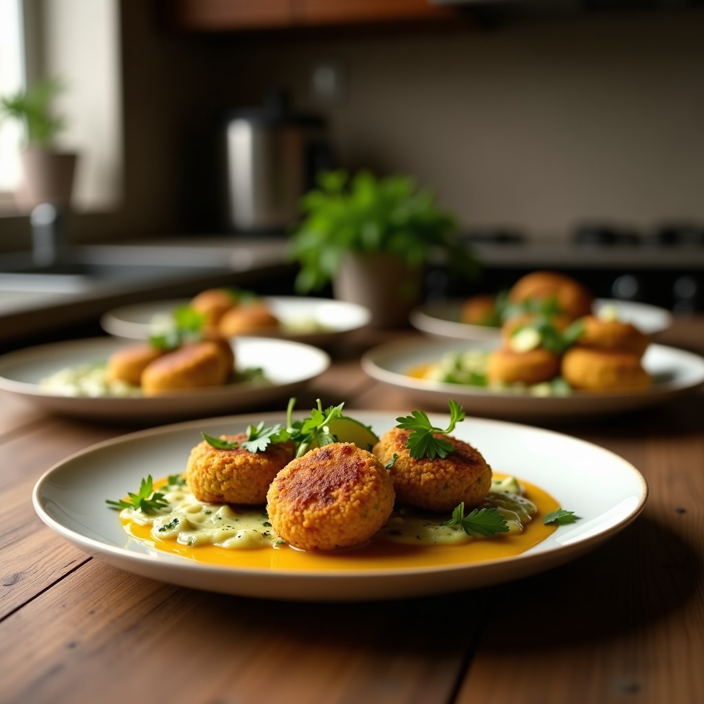 Plato blanco con falafel de habas dorados y crujientes, espolvoreados con comino y trocitos de limón confitado, servidos con salsa de tahini cremosa. Receta libanesa en airfryer y sin gluten.