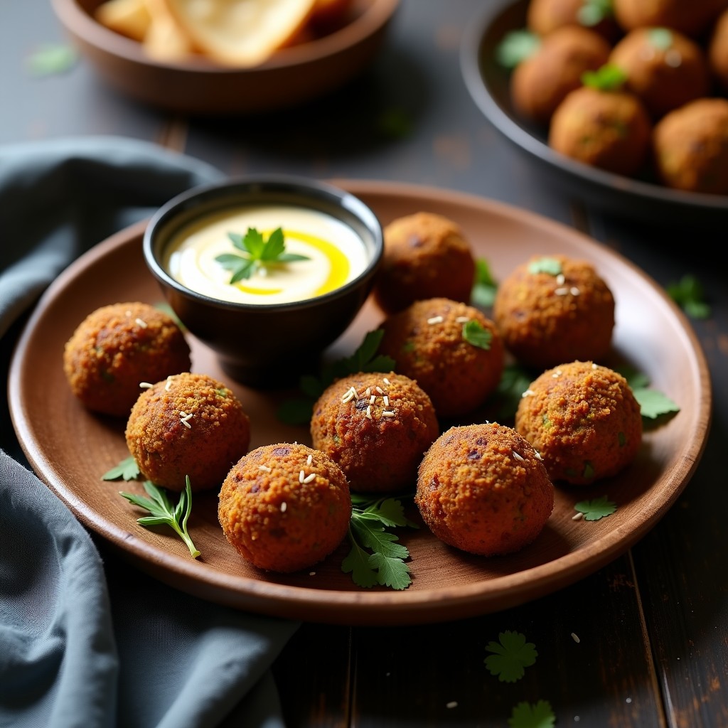 Plato de madera con bolitas de falafel de habas negras doradas, espolvoreadas con especias bereberes, acompañadas de salsa de tahini cremosa y hojas de perejil fresco. Receta vegana en olla exprés.