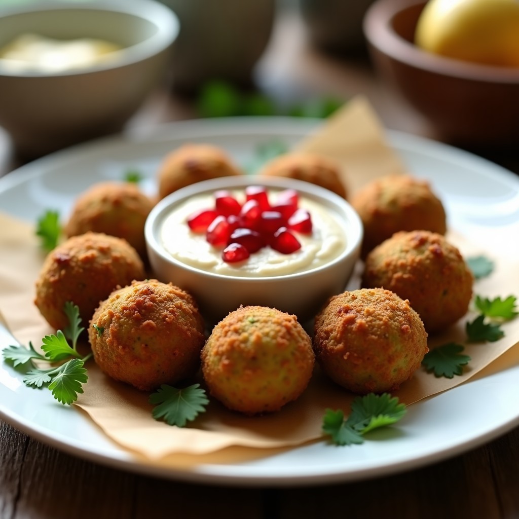 Plato blanco rústico con falafel dorados de habas, salsa cremosa de tahini y granos de granado rojos brillantes. Acompañado de hojas de perejil fresco y rodajas de limón, receta alta en hierro en Thermomix.