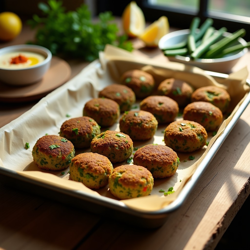Bandeja de horno con falafel de habas verdes dorados y crujientes, servidos con salsa de tahini y hierbas frescas, receta libanesa sin garbanzos.