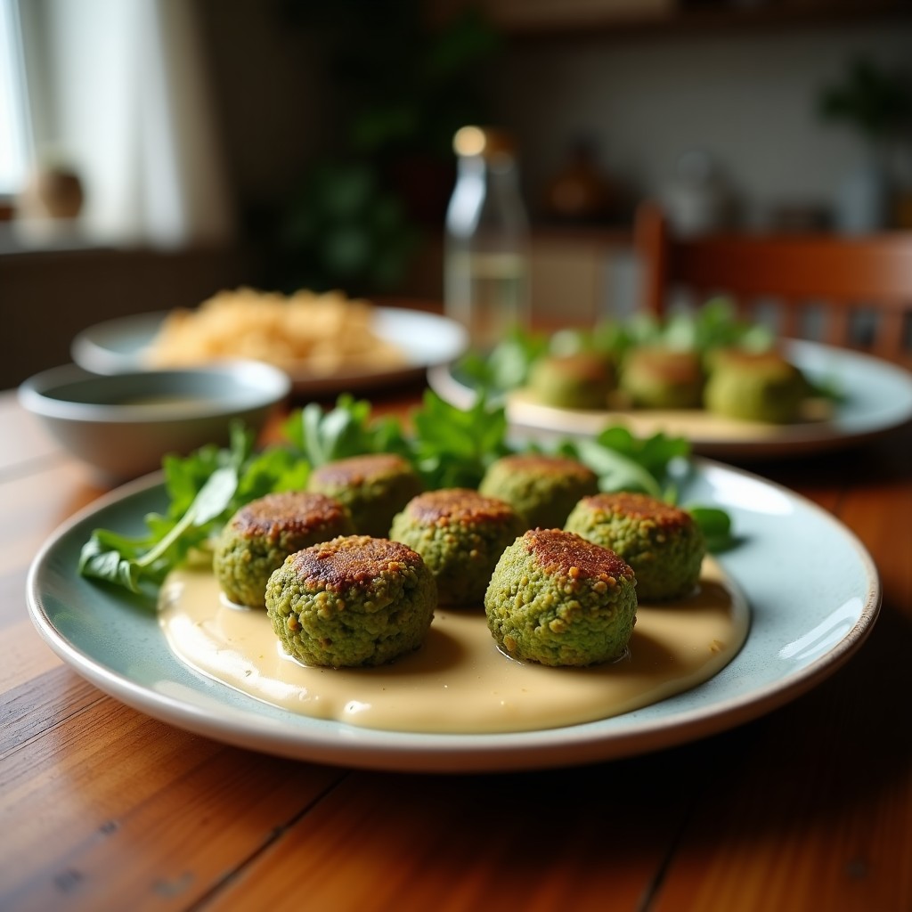 Plato blanco con falafel dorados de habas verdes apilados, acompañados de un bol pequeño con salsa de tahini de ajo negro cremosa y decorados con semillas de sésamo y hierbas frescas. Receta árabe en Thermomix.