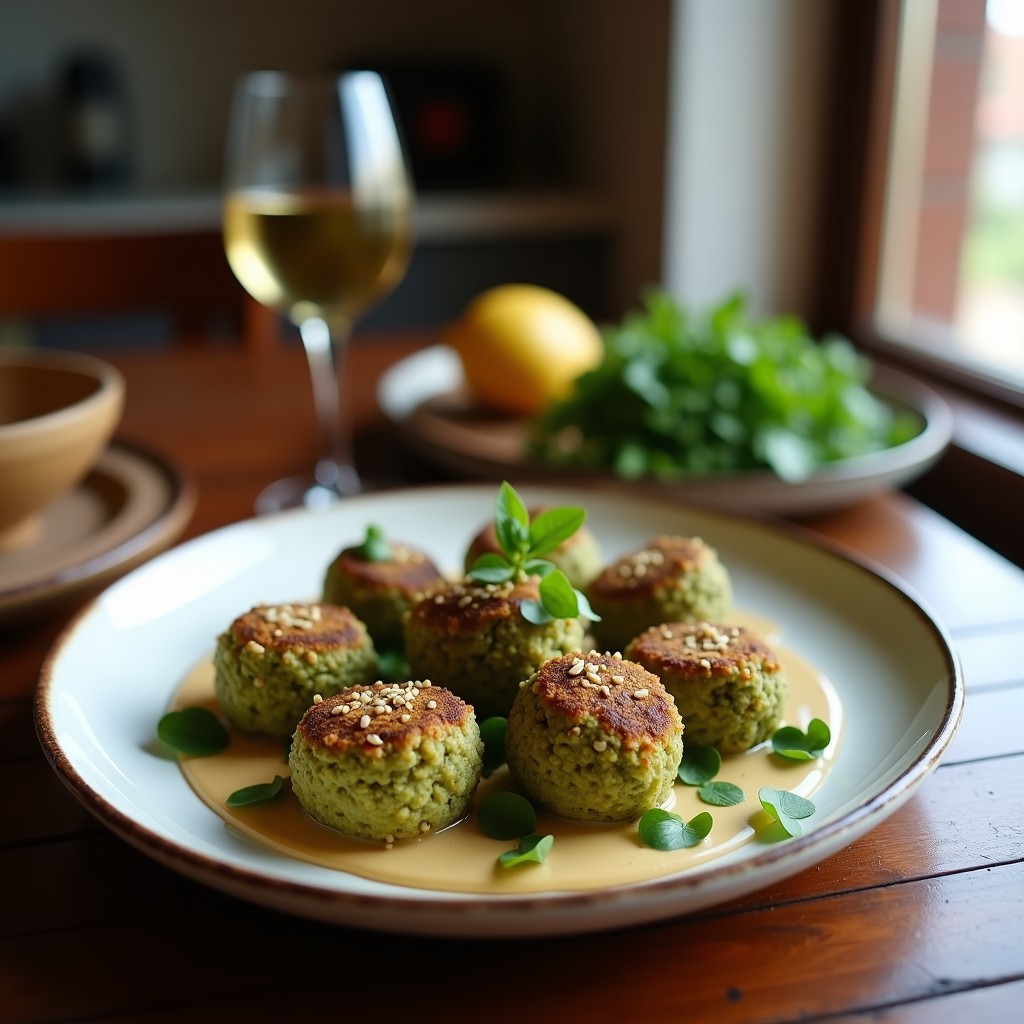 Plato blanco con falafel dorado y crujiente de habas verdes, bañado en salsa cremosa de tahini y decorado con grana de granada roja brillante. Acompañado de hojas de perejil fresco y rodajas de limón. Receta en airfryer sin harina, vegana y sin gluten.