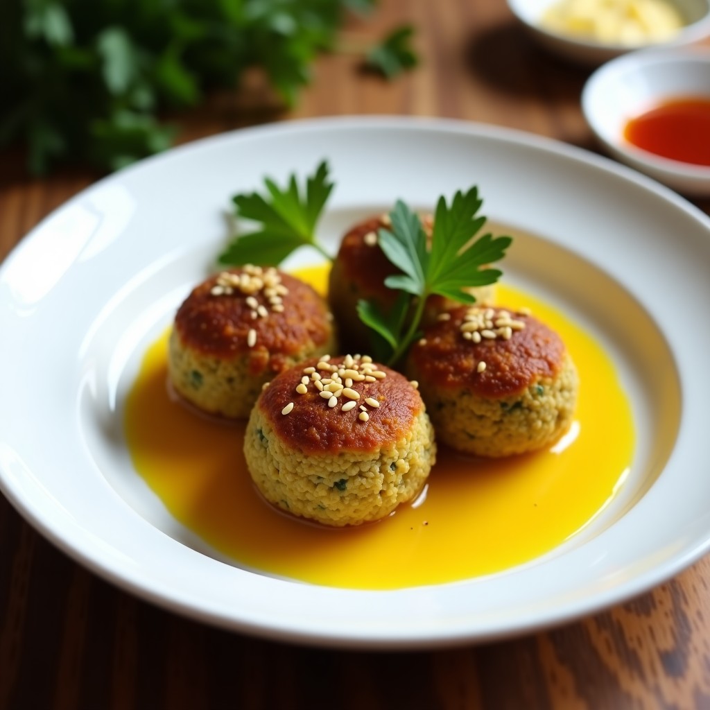 Falafel dorados de lentejas sériejas con semillas de sésamo, servidos en plato blanco con salsa de azafrán cremosa y decoración de perejil fresco, receta aragonesa vegana en Thermomix.
