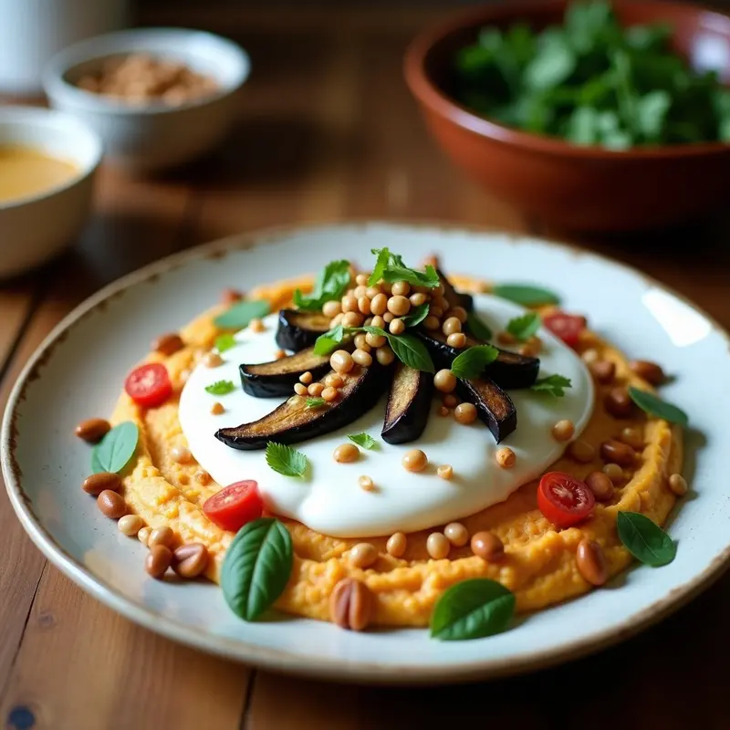 Fatteh de Hummus y Berenjena: Receta Siria Vegana con Yogur de Coco y Piñones