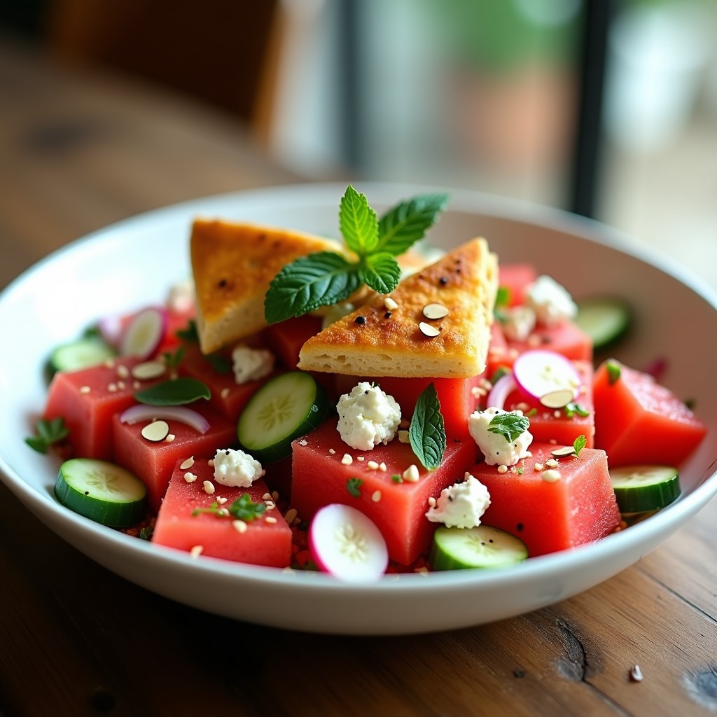 Fattoush de Sandía y Queso Feta: Ensalada Libanesa con Toque Veraniego y Sin Gluten