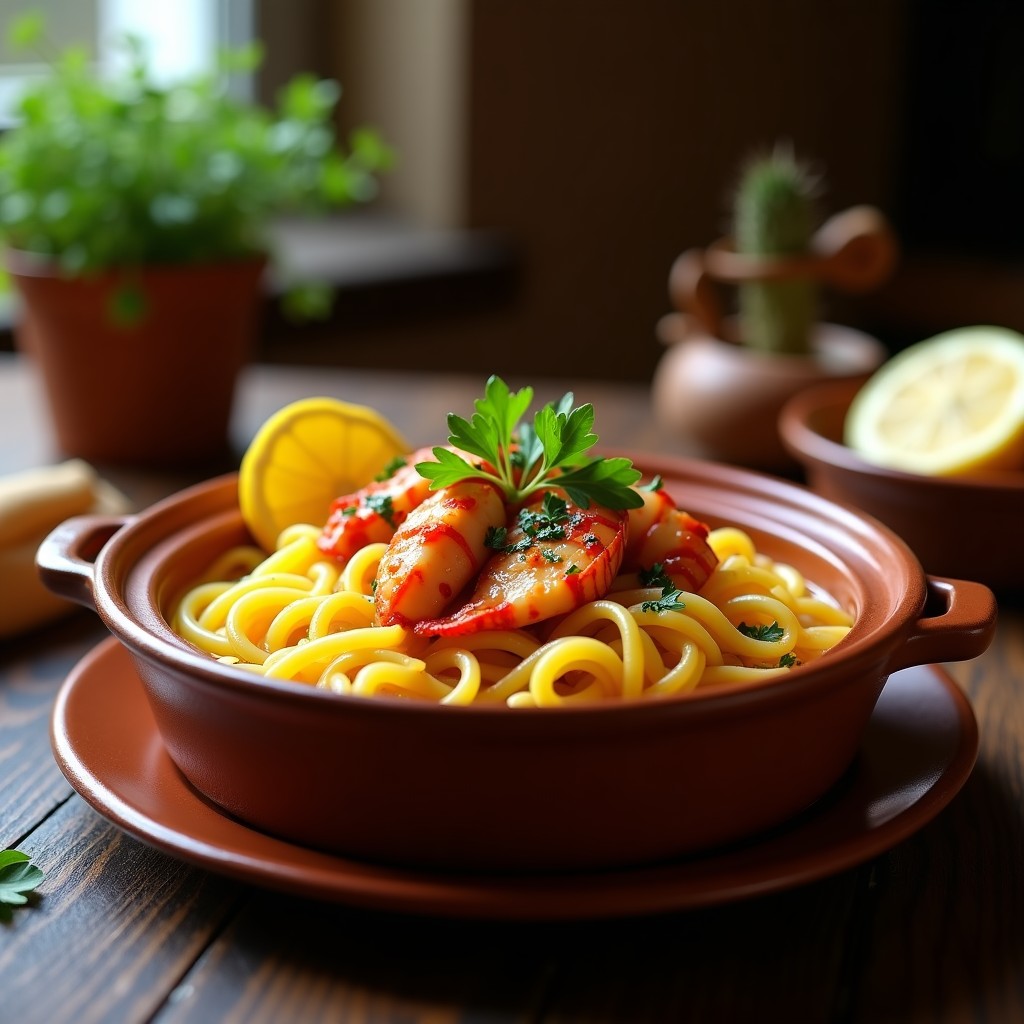 Fideuá de bogavante y azafrán servida en cazuela de barro negra, con trozos de bogavante dorado, fideos gruesos bañados en caldo amarillo azafrán y perejil fresco espolvoreado. Gajos de limón al lado.