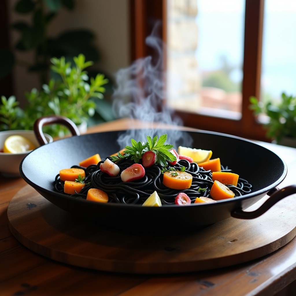 Paellera de hierro con fideua negra humeante, fideos oscuros entremezclados con trozos de pulpo y calabaza asada, decorada con perejil fresco y gajos de limón, receta gourmet de mar.