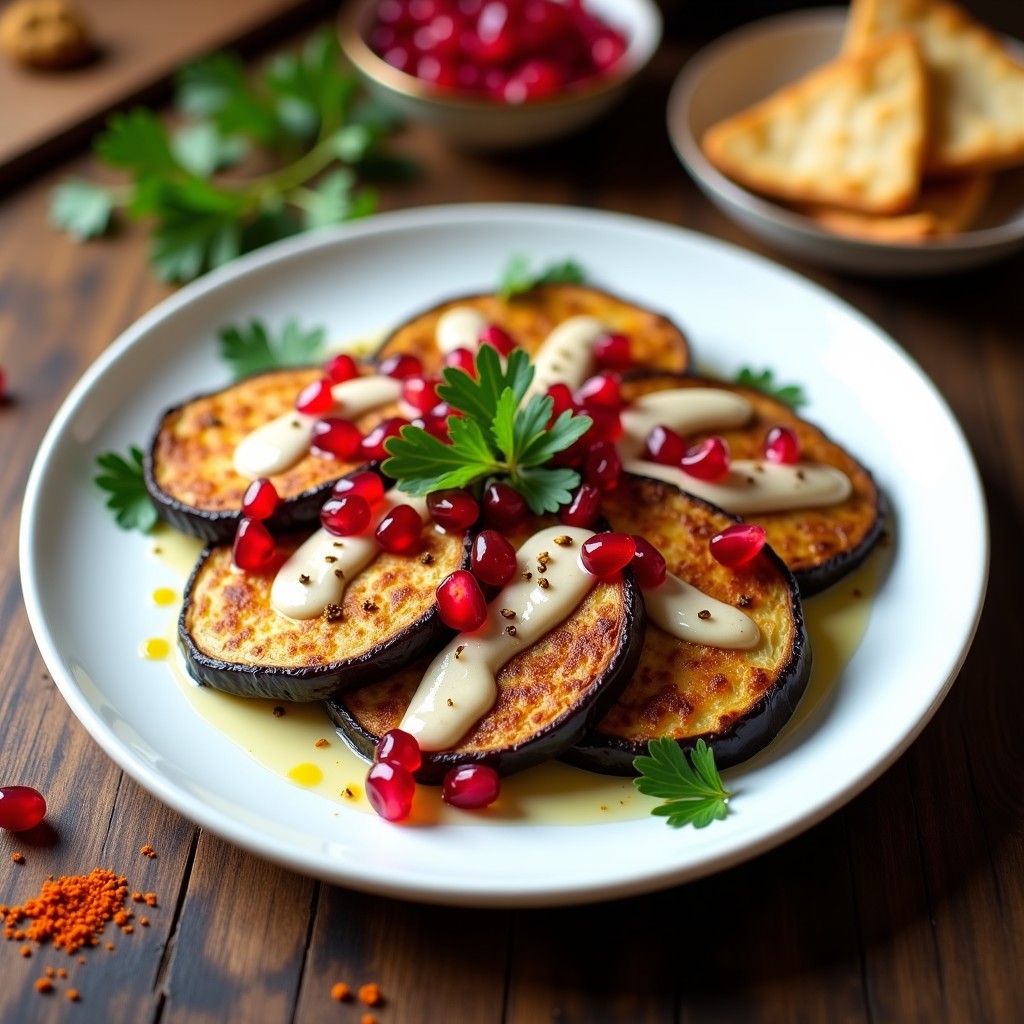 Filetes dorados de berenjena en airfryer con salsa cremosa de granados y tahini, decorados con semillas de granada y hojas de menta fresca, plato libanés vegano y sin gluten.