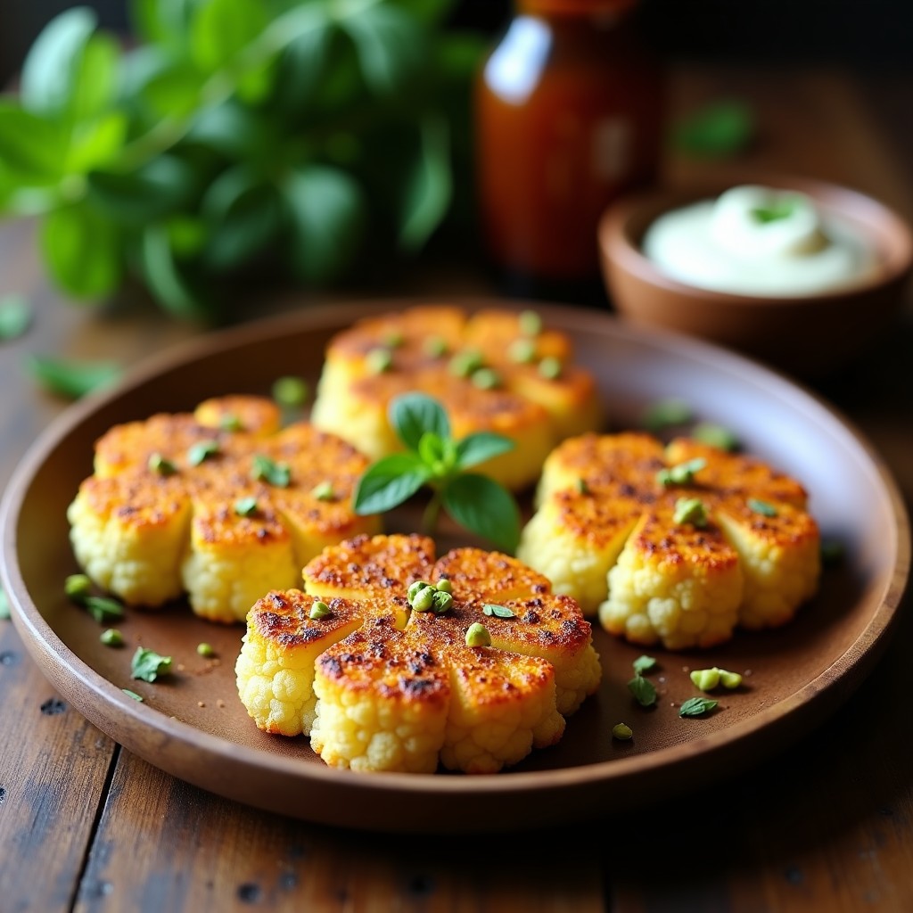 Filetes gruesos de coliflor al horno con costra dorada de pistacho y harina de garbanzo, servidos sobre plato blanco con salsa cremosa de aguacate y espolvoreados de semillas de sésamo y cilantro fresco.