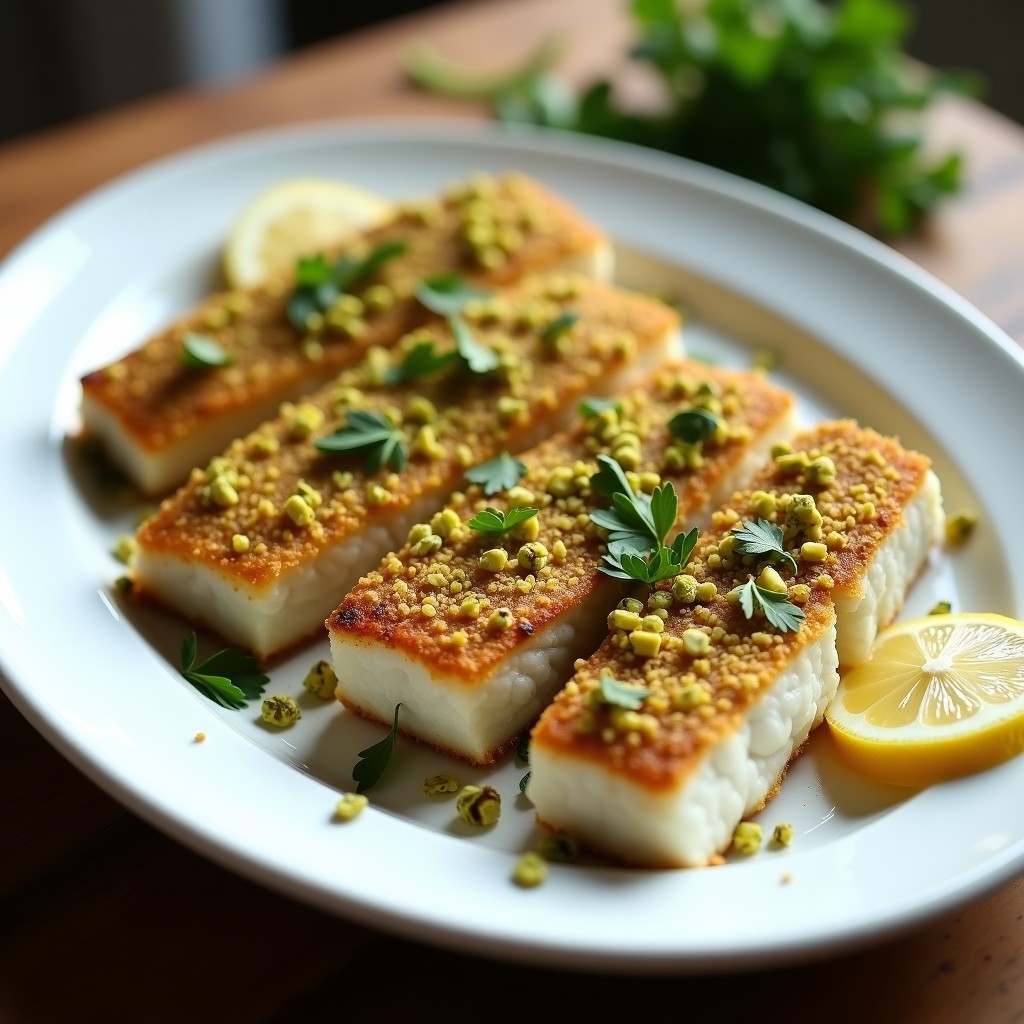 Filetes de merluza al horno con costra dorada de pistacho y pan rallado, servidos en una fuente blanca con rodajas de limón y perejil fresco, receta alta en Omega-3 y sin lactosa.