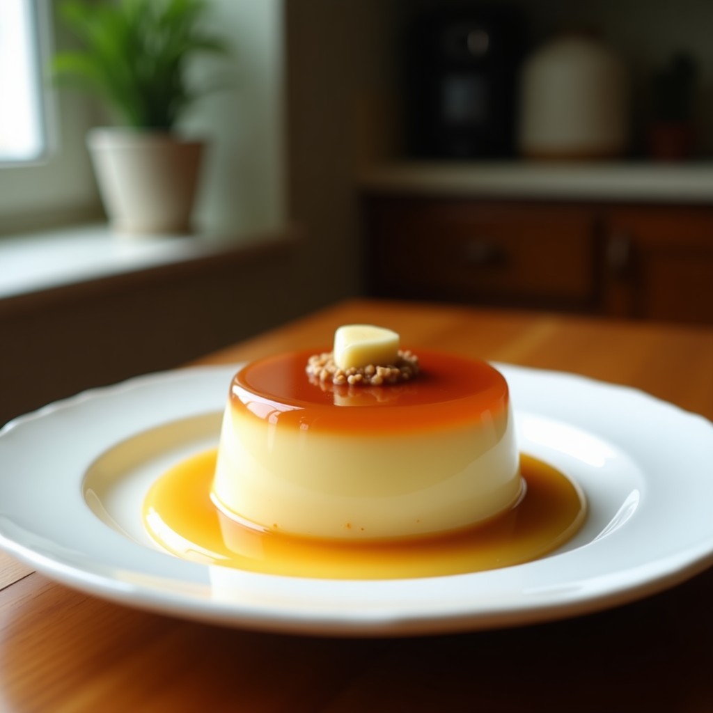 Flan de café vegano en molde de cristal transparente, con textura sedosa y color crema oscuro, decorado con cacao en polvo y virutas de coco tostado sobre fondo rústico de madera.