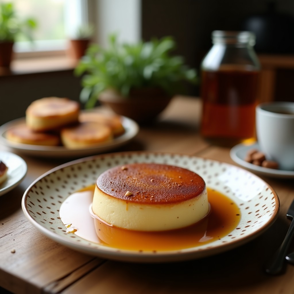 Flan de café y coco vegano en copas de vidrio transparente, con textura sedosa y brillo natural, decorado con coco rallado y virutas de chocolate, servido sobre una mesa rústica de madera.