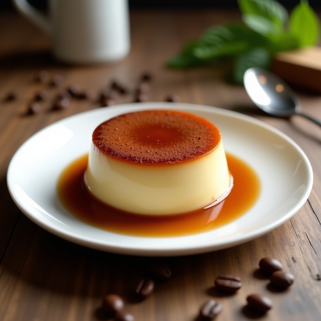 Flan de café y dátiles con sirope de stevia en molde transparente, capas visibles de caramelo dorado y textura sedosa, servido en plato blanco con fondo rústico y detalles keto.