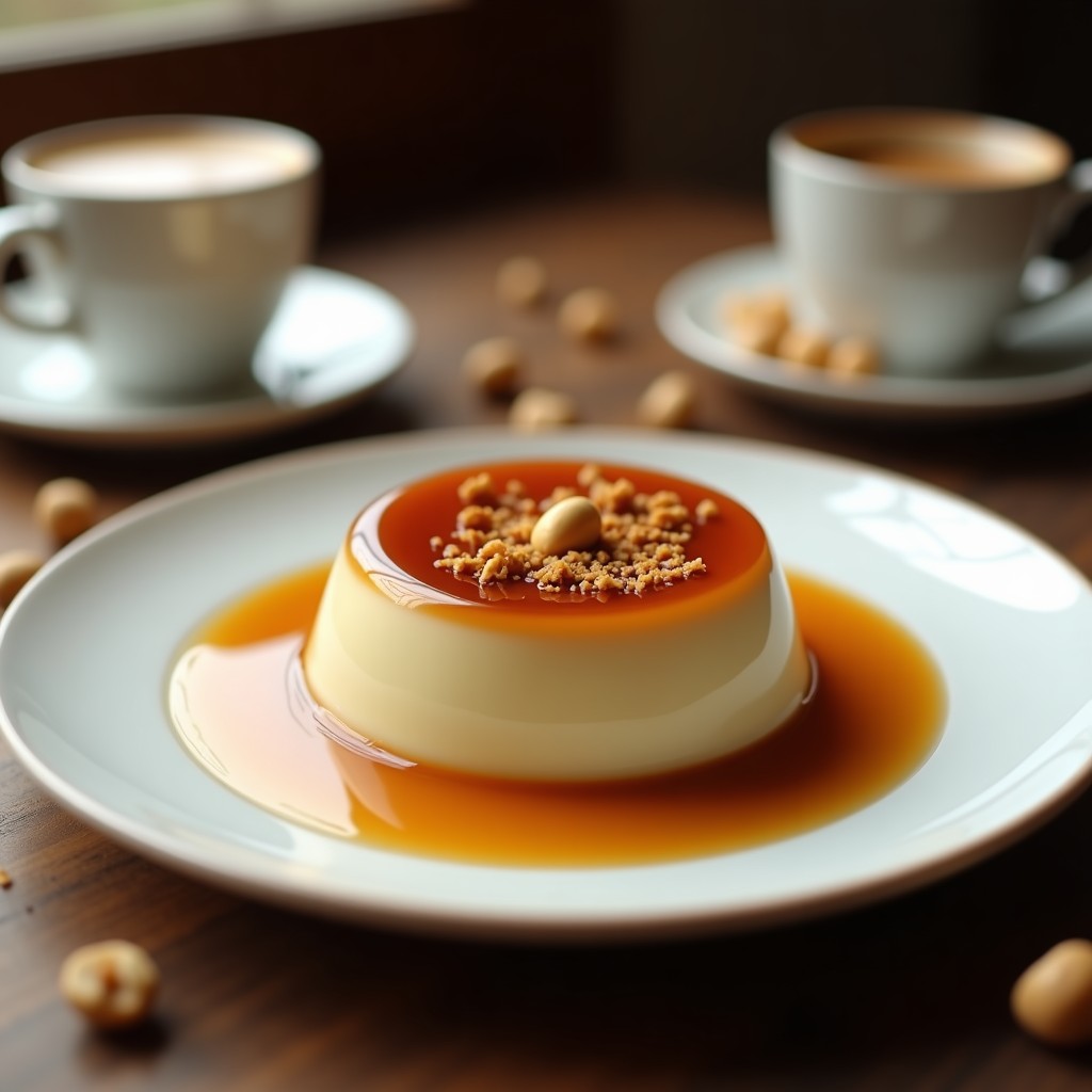Flan de café con leche de avellanas en molde de cristal, textura sedosa y color marrón claro, decorado con virutas de avellana tostada sobre fondo rústico de madera.