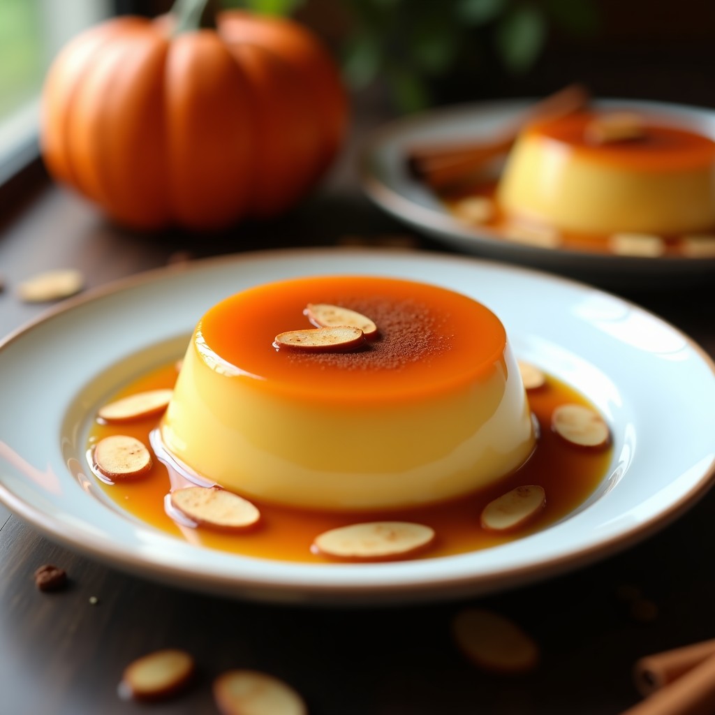 Flan de calabaza y canela keto sin azúcar en molde de vidrio transparente, con superficie dorada y espolvoreado de canela, servido sobre un plato blanco con almendras fileteadas y una ramita de canela como decoración.