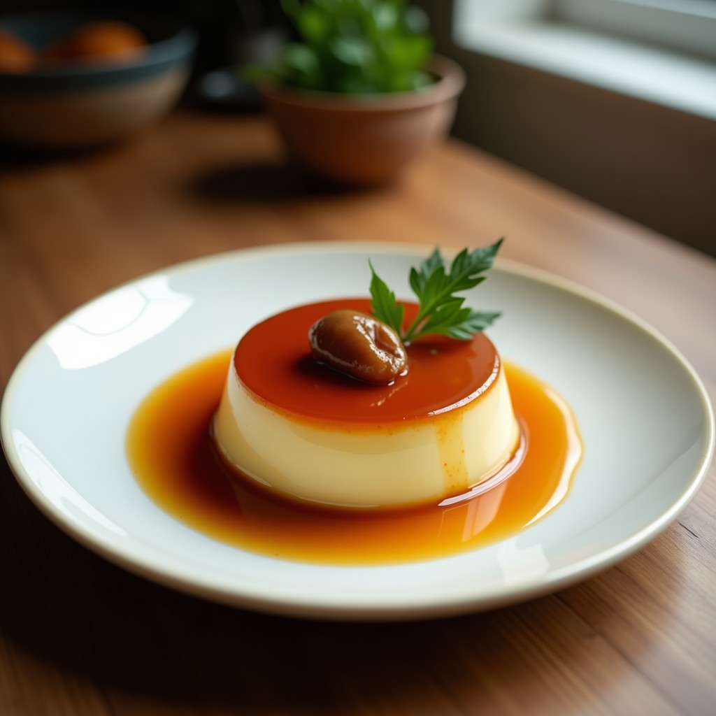 Flan de coco y chía con caramelo de dátil en un molde de cristal transparente, mostrando capas de cremosidad y el caramelo dorado en el fondo. Servido con coco rallado y semillas de chía por encima, sobre una mesa rústica de madera.