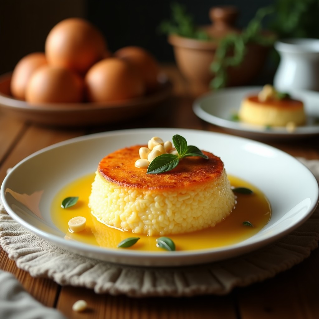Flan de coco y macadamia vegano sin azúcar en copas de cristal transparente, con trozos de macadamia tostada y coco rallado en la superficie. Fondo borroso con hojas de menta y lightbox suave.