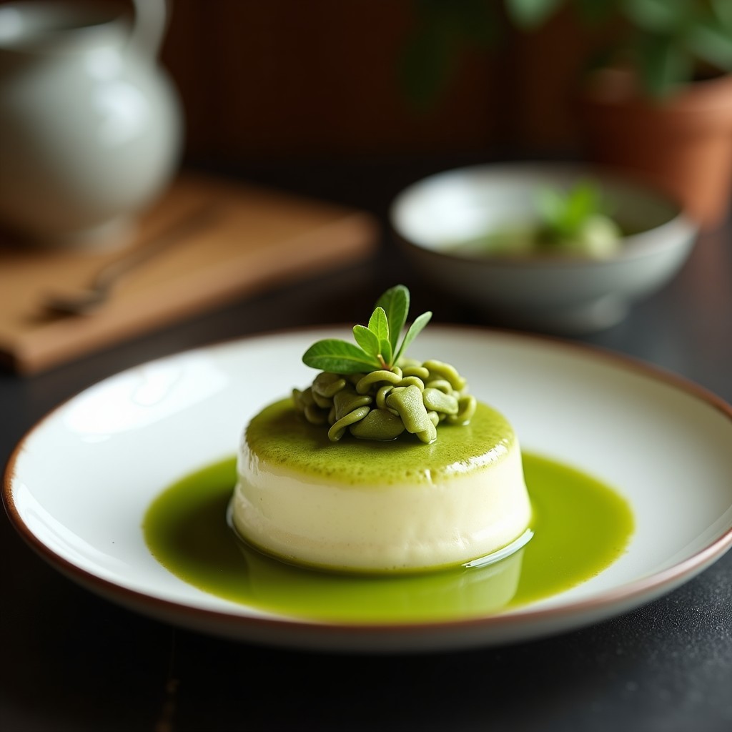 Flan vegano de coco y matcha en moldes individuales, con color verde esmeralda intenso y decorado con coco rallado. Textura cremosa y brillante, servido en plato blanco sobre fondo oscuro.