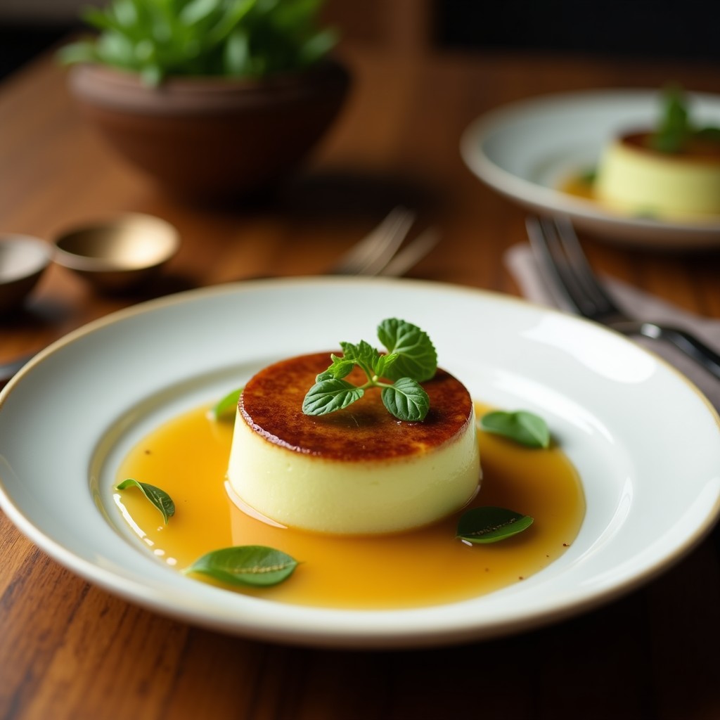 Flan de matcha y leche de coco con sirope de agave en moldes transparentes, superficie lisa y brillante, decorado con coco rallado tostado. Postre keto sin horno de color verde pálido, servido en plato blanco.