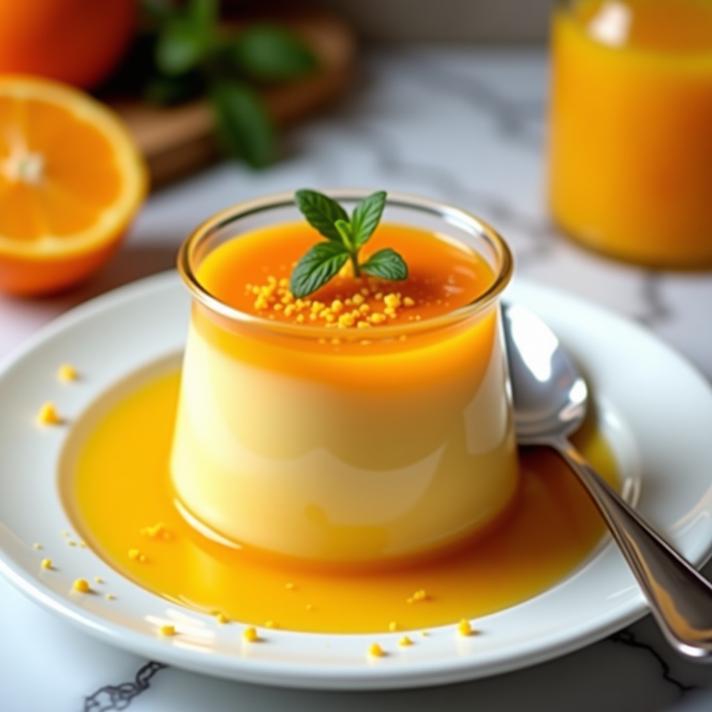 Flan de naranja sin azúcar en copas de cristal transparente, con textura cremosa y brillo natural, decorado con ralladura de naranja y hojas de menta, sobre fondo blanco.