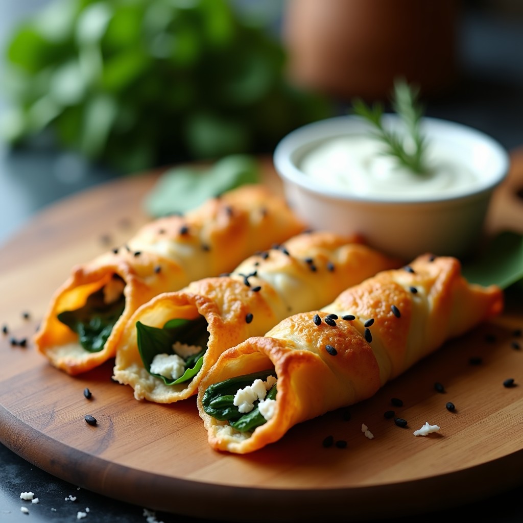 Seis flautas de hojaldre doradas y crujientes rellenas de pollo, espinacas y queso de cabra, dispuestas en una bandeja de madera con hierbas frescas alrededor. Receta francesa en airfryer sin freír.