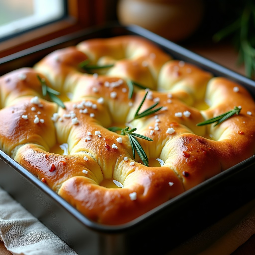 Focaccia Genovesa Auténtica: Esponjosa, Crujiente y Llena de Aceite de Oliva y Romero