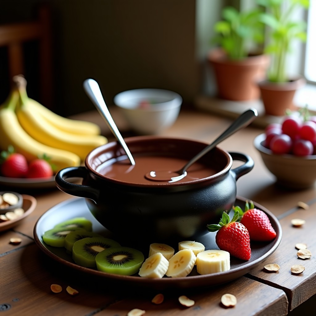Fondue de chocolate negro brillante en bol de cerámica oscuro, rodeado de fresas enteras, rodajas de plátano, kiwi en cubos, uvas y almendras tostadas sobre una mesa rústica de madera. Postre vegano sin lactosa para compartir.