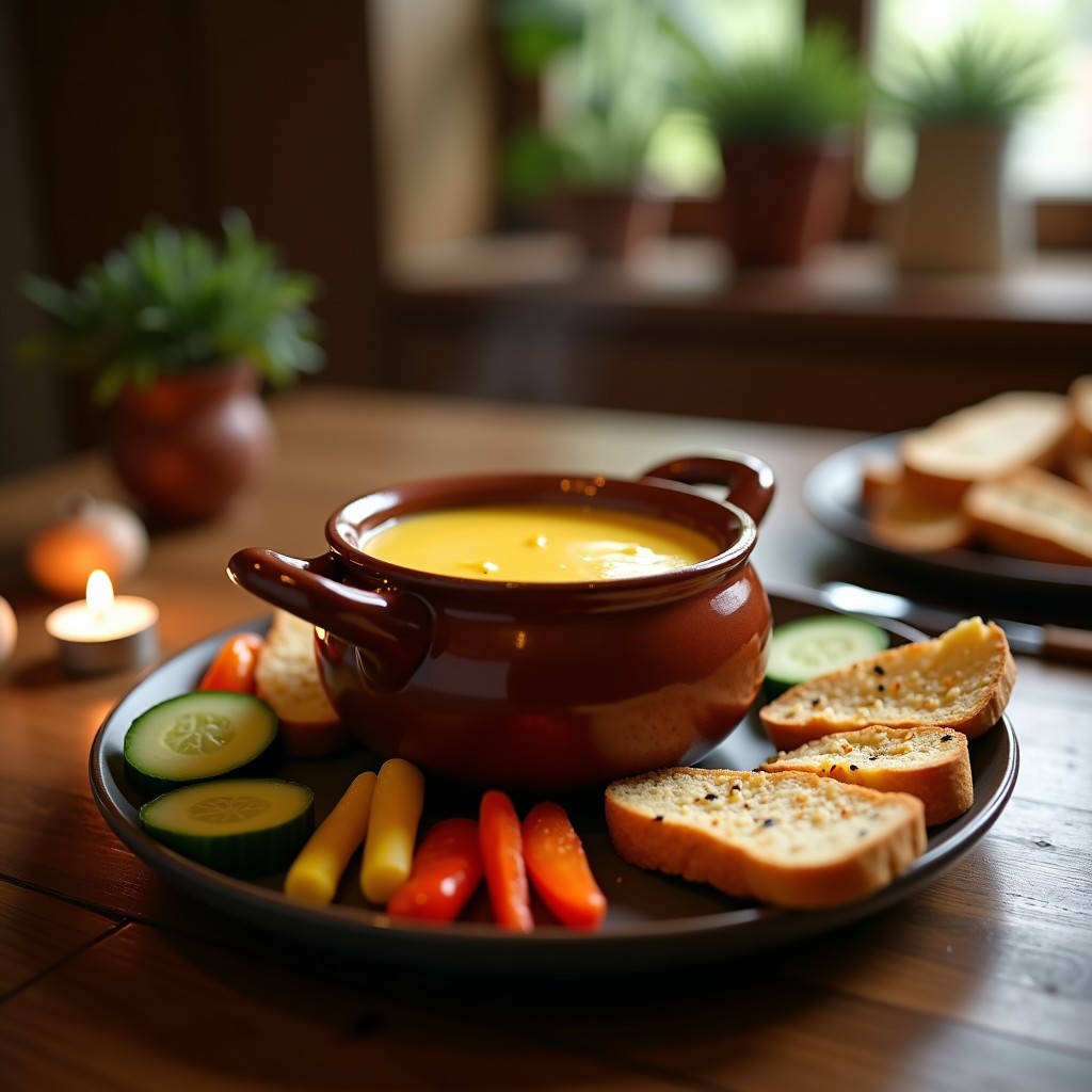 Fondue cremosa de queso de cabra y vino blanco servida en cazuela de cerámica sobre mesa de madera rústica, acompañada de pan de almendra dorado y vegetales frescos. Receta keto sin gluten.