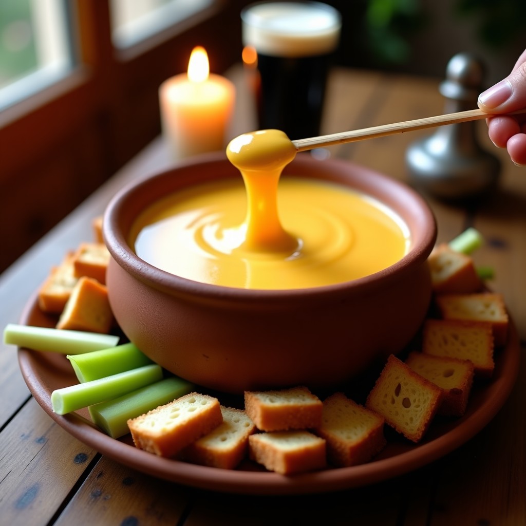 Fondue de queso vegano cremoso de anacardos y cerveza negra servido en cazuela de barro sobre una vela calentadora, acompañado de pan de centeno tostado, gajos de manzana verde y bastones de apio. Textura sedosa y color beige dorado.